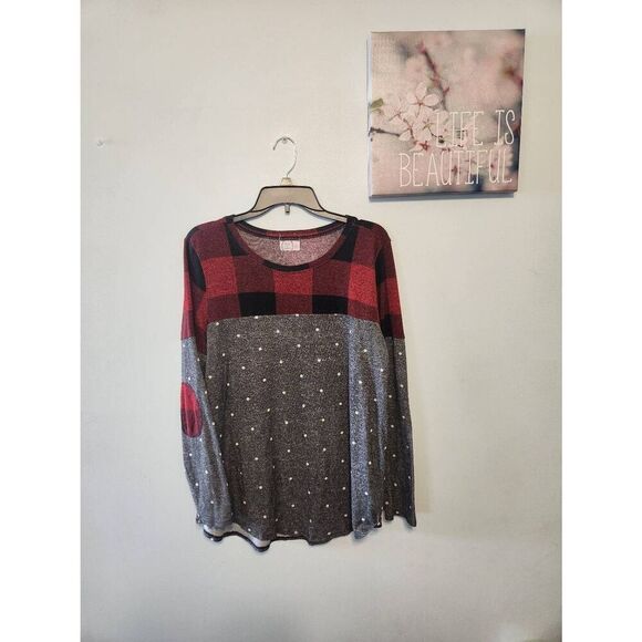 Maurices size 0x Colorblock Longsleeve T-shirt Red Black Plaid Gray Polka Dots S - Picture 1 of 3